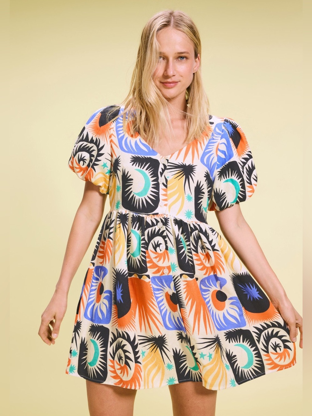 Printed Puff-Sleeve Mini Dress in Multicolor